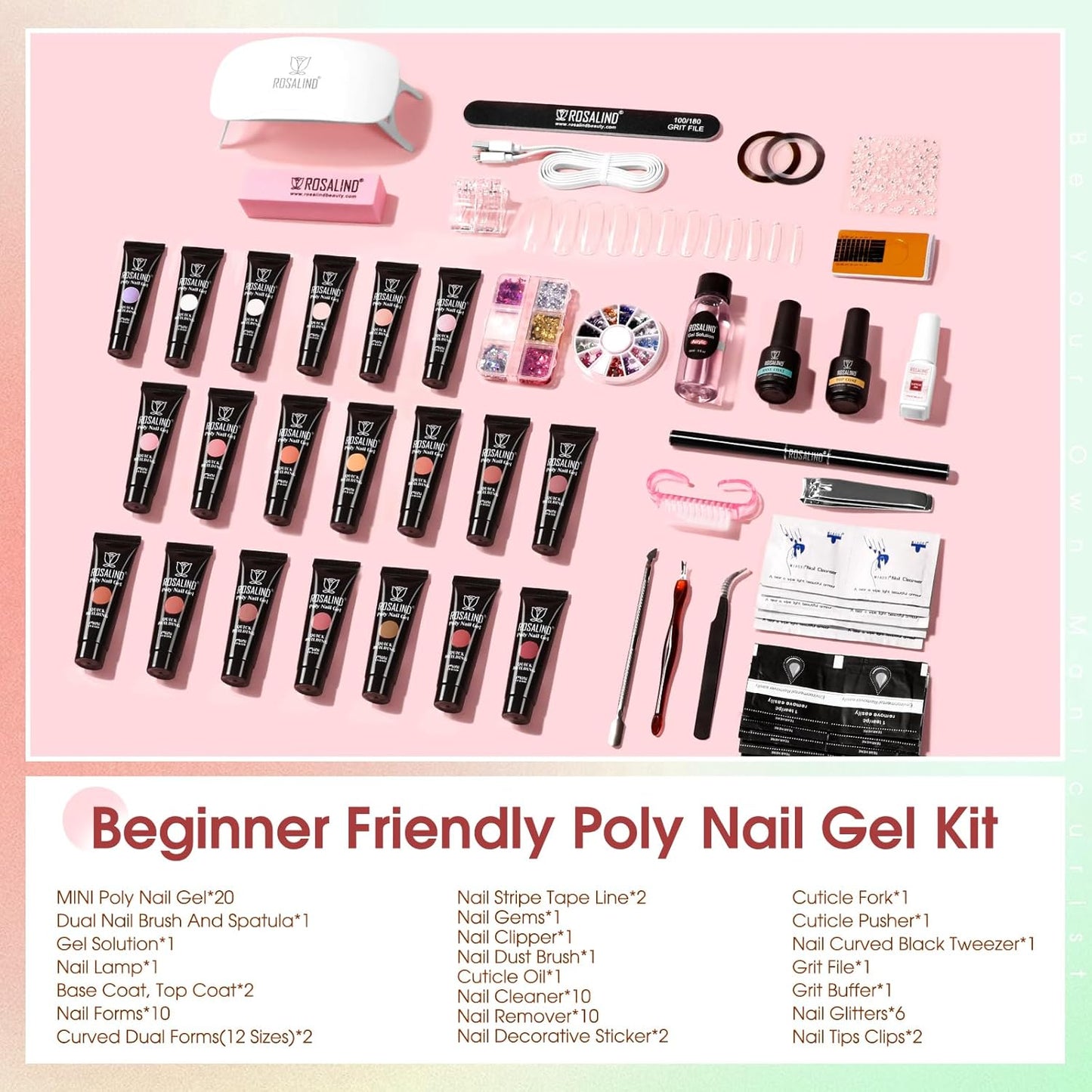 ROSALIND 20PCS White Clear Poly Nails Gel Kit Starter Build er Kit with Slip Solution Pro Nude Pink Nail Extensions Gel Set with Mini UV Lamp Drill Nail Art