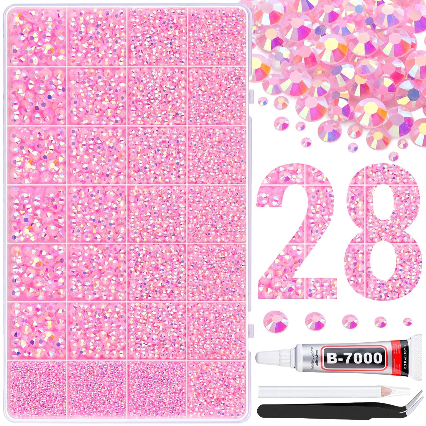 30000Pcs Resin Rhinestones for Bedazzling with B7000 Jewelry Glue, Light Pink AB Flatback Gems Rhinestones for Crafting, Clothing Tumblers Mugs Shoes Fabric Decor Nail Art