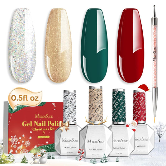 MelodySusie 15ML Christmas Gel Nail Polish Set: Christmas 4 Colors Green and Red Gel Polish Nails Soak Off UV LED Gold Silver Gel Polish Gifts for Women Girls Nail Art Manicure Salon DIY Nail Design