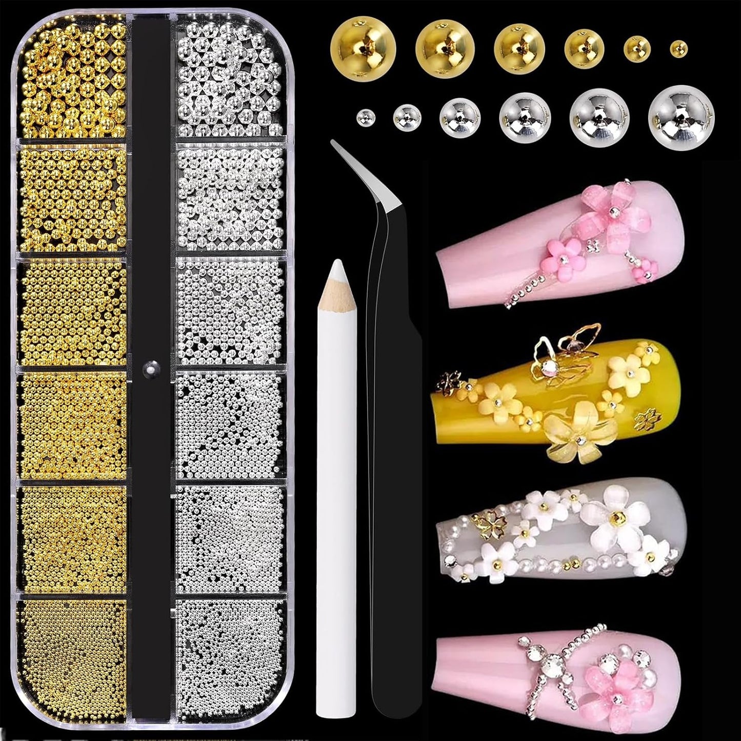 Mini Small Nail Beads Silver Gold Nail Charms and Gems Ball Metal Caviar Bead, Nail Chain for Nail Art Accessories Supplies Gold Rhinestones for Women Manicure 2