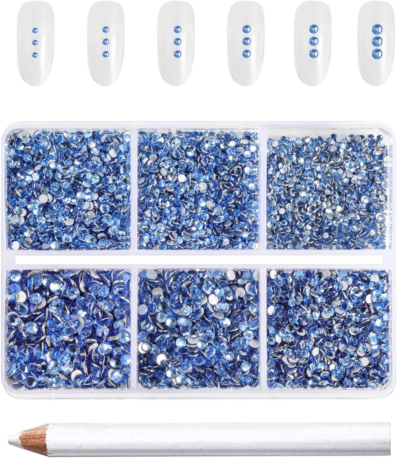 Beadsland 7200pcs Flatback Rhinestones,Light Blue Rhinestone Nail Gems Round Crystal Rhinestones for Crafts,Mixed 6 Sizes with Wax Pencil Kit, SS3-SS10,Light Sapphire