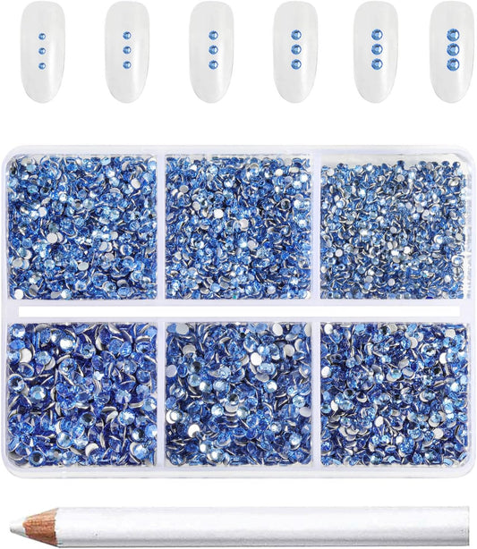 Beadsland 7200pcs Flatback Rhinestones,Light Blue Rhinestone Nail Gems Round Crystal Rhinestones for Crafts,Mixed 6 Sizes with Wax Pencil Kit, SS3-SS10,Light Sapphire