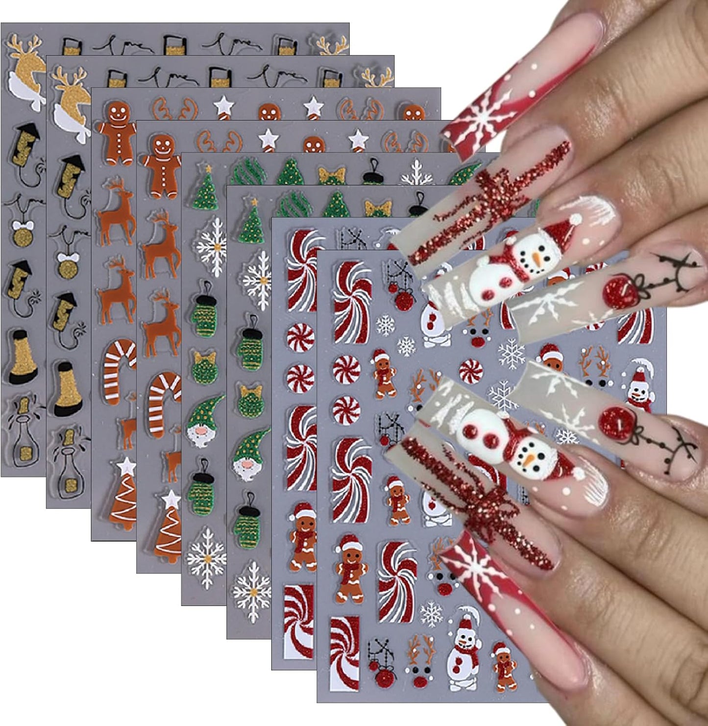8 Sheets Cartoon Christmas Nail Art Stickers 3D Self-Adhesive Snowflake Snowman Nail Stickers Glitter Christmas Lamp Ball Nail Decals Acrylic Nail Supplies for Women Girls DIY Manicure Decoration