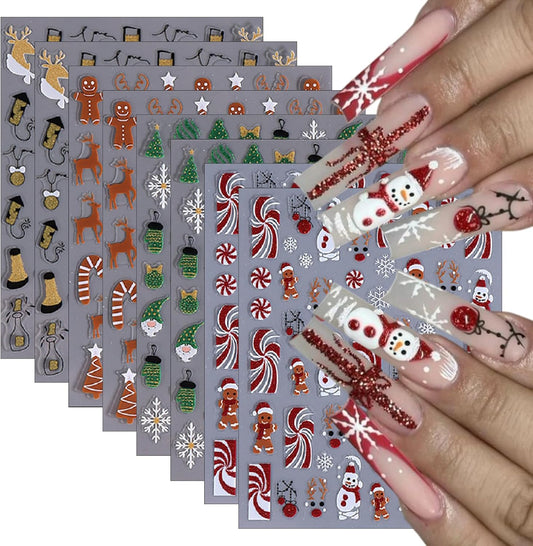 8 Sheets Cartoon Christmas Nail Art Stickers 3D Self-Adhesive Snowflake Snowman Nail Stickers Glitter Christmas Lamp Ball Nail Decals Acrylic Nail Supplies for Women Girls DIY Manicure Decoration