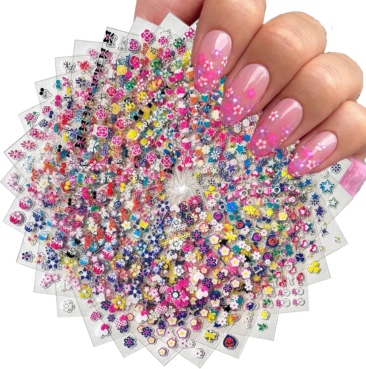 30 Sheets Flower Nail Art Stickers 3D Self-Adhesive Nail Decals Colorful Floral Designs Cute Heart Star Nail Decoration Spring Summer DIY Nail Decorations for Women Manicure Tip