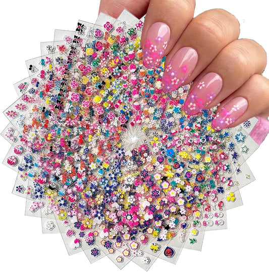 30 Sheets Flower Nail Art Stickers 3D Self-Adhesive Nail Decals Colorful Floral Designs Cute Heart Star Nail Decoration Spring Summer DIY Nail Decorations for Women Manicure Tip