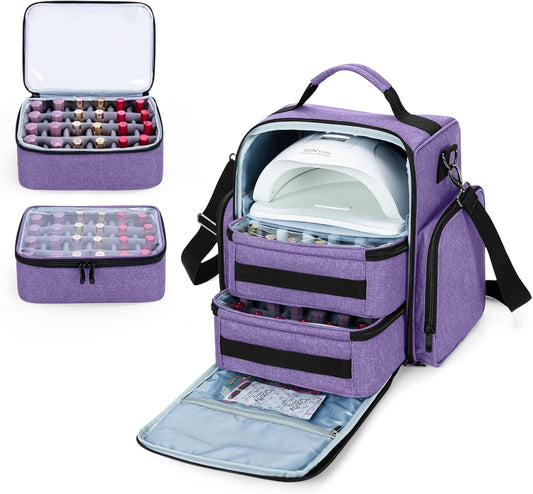 BAFASO Nail Polish Organizer Holds 48 Bottles (15ml - 0.5 fl.oz) and a Nail Lamp, Large Nail Polish Case with 2 Removable Pouches and Multiple Storage Sections (Patented Design), Purple