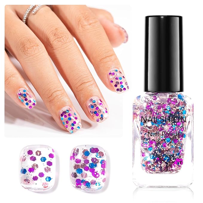 Sparkle Nail Polish, Purple Blue Rose Gold Glitter Nail Polish with Hexagon Glitter, Air Dry No Need U/V Lamp, Iridescent Geometric Sparkle Nail Art DIY Home Travel Manicure Gift