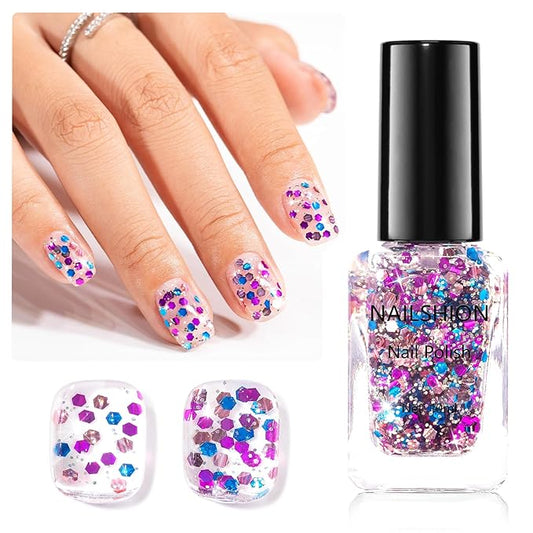 Sparkle Nail Polish, Purple Blue Rose Gold Glitter Nail Polish with Hexagon Glitter, Air Dry No Need U/V Lamp, Iridescent Geometric Sparkle Nail Art DIY Home Travel Manicure Gift