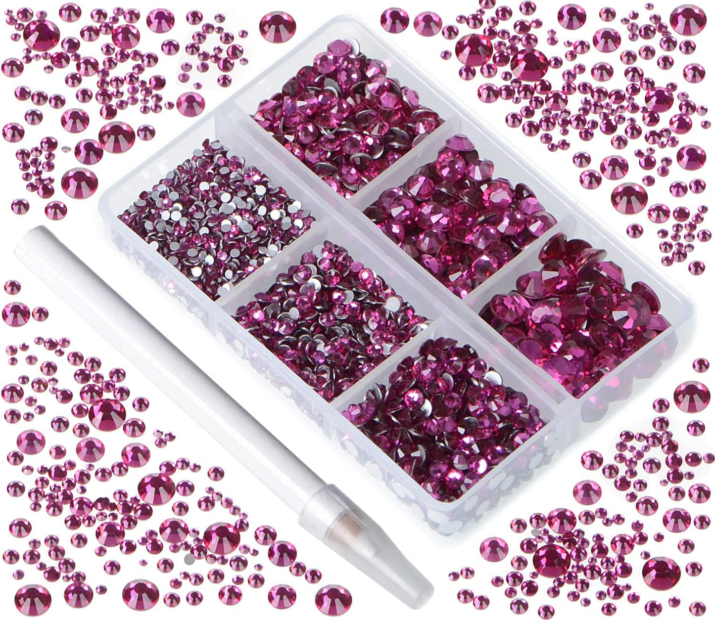 Bymitel 5000 Pieces 6 Mixed Sizes Glue Fix on Glass Rhinestones Round Crystal Gems Flatback for DIY Jewelry Making with one Picking Pen(6-Sizes 5000PCS, Fuchsia)