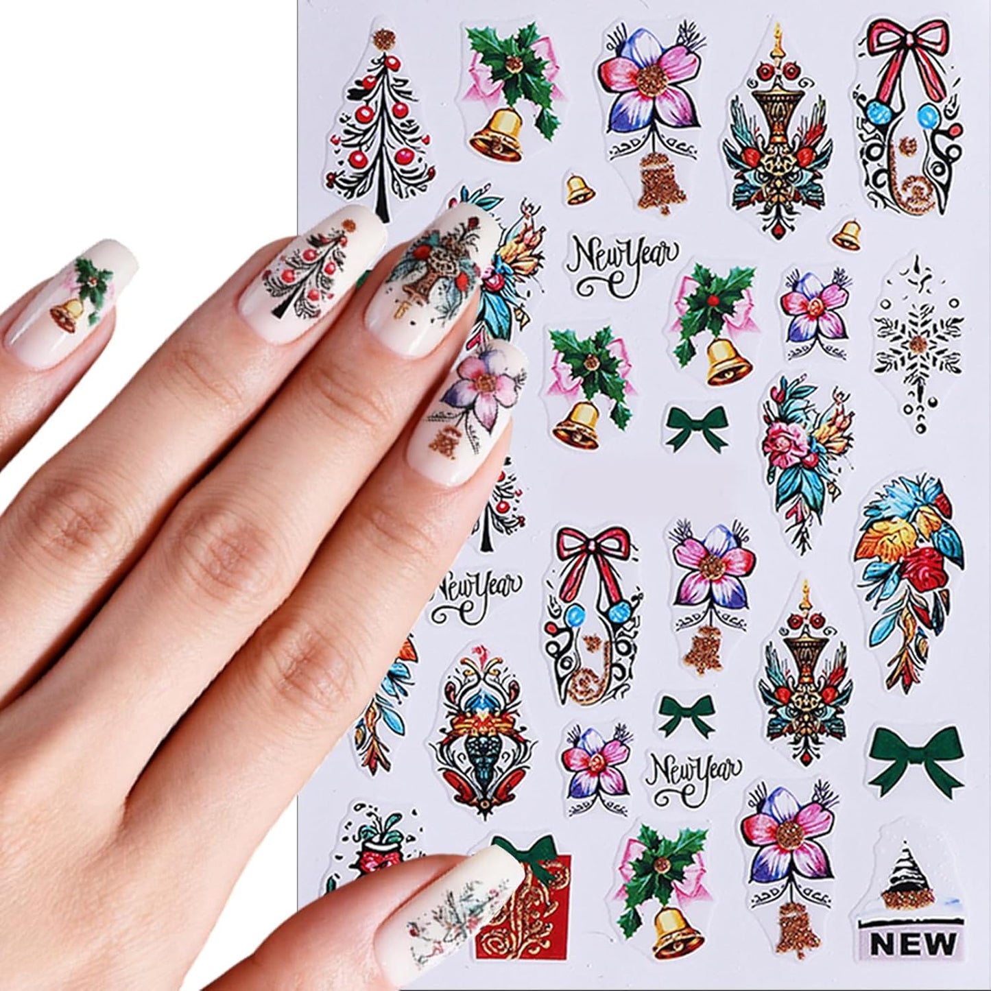 Christmas Nail Art Stickers 3D Self-Adhesive Holly Sprig Bow Snowman Glitter Xmas Tree Designs Nail Stickers Santa Claus Elk Flower Nail Decal for Women DIY New Year Manicure Decoration 5 Sheets