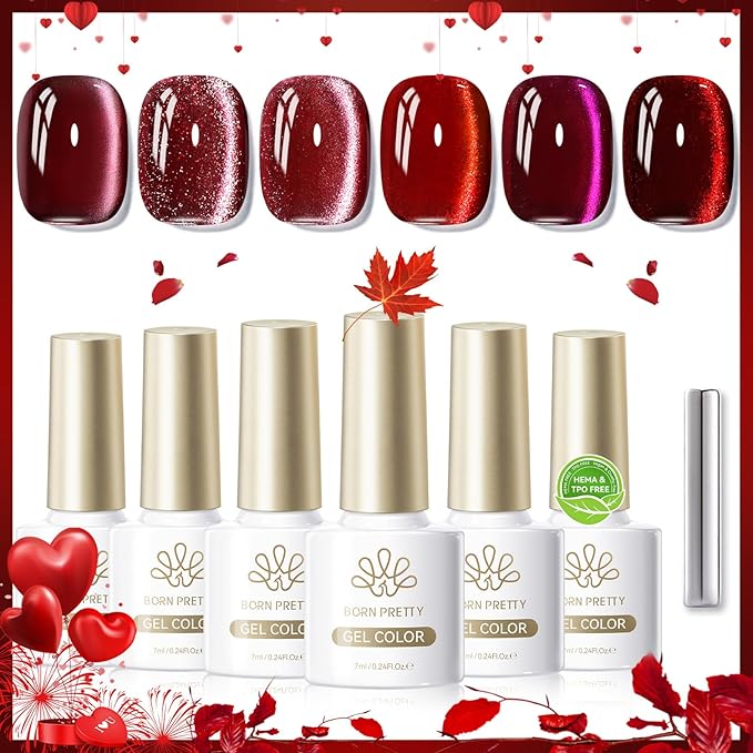 Born Pretty Christmas Red Cat Magnetic Eye Gel Nail Polish Set,6 Colors Burgundy Dark Cherry Red Glitter Shimmer Magnetic Gel Polish Kit Fall Winter Soak Off U V Nail Polish DIY Art for Women 7ML