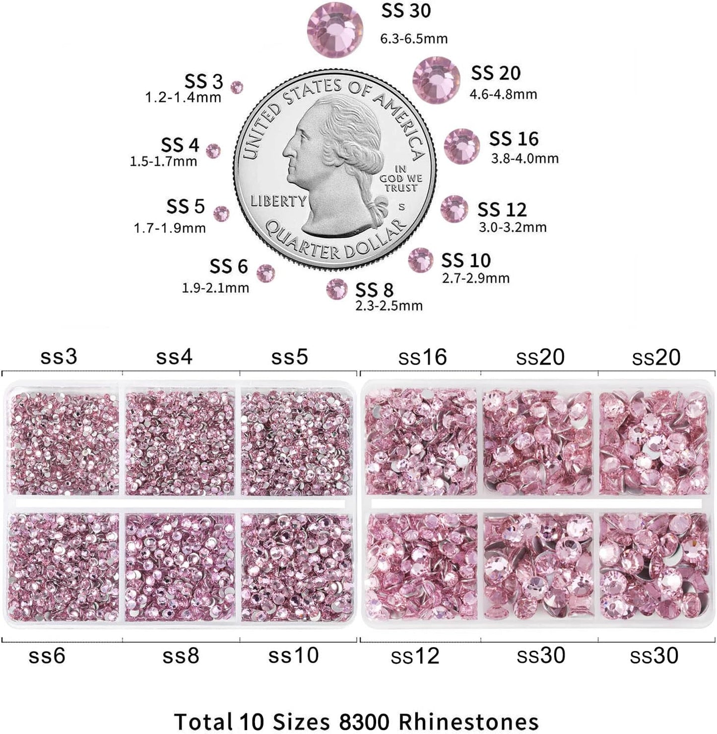 Beadsland 8300PCS Flatback Rhinestones, Pink Rhinestone Round Crystal Rhinestones for Crafts, Mixed 10 Sizes with Wax Pencil and Tweezer Kit, SS3-SS30, Light Rose/Light Pink