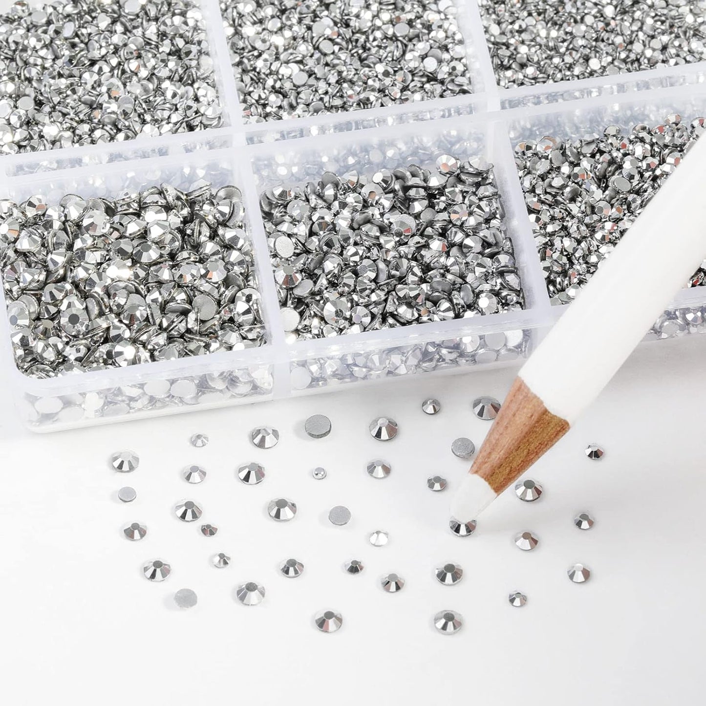 Beadsland 7200pcs Flatback Rhinestones,Silver Rhinestone Nail Gems Round Crystal Rhinestones for Crafts,Mixed 6 Sizes with Wax Pencil Kit, SS3-SS10,Silver Hematite