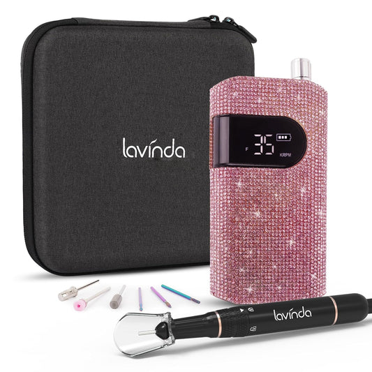 Professional Nail Drill Machine, Lavinda 35000RPM Electric Nail File for Acrylic Gel Nails, Cordless Portable Nail Drill Kit with Coreless Motor, Manicure Pedicure Shape Tools (Diamond, Pink)