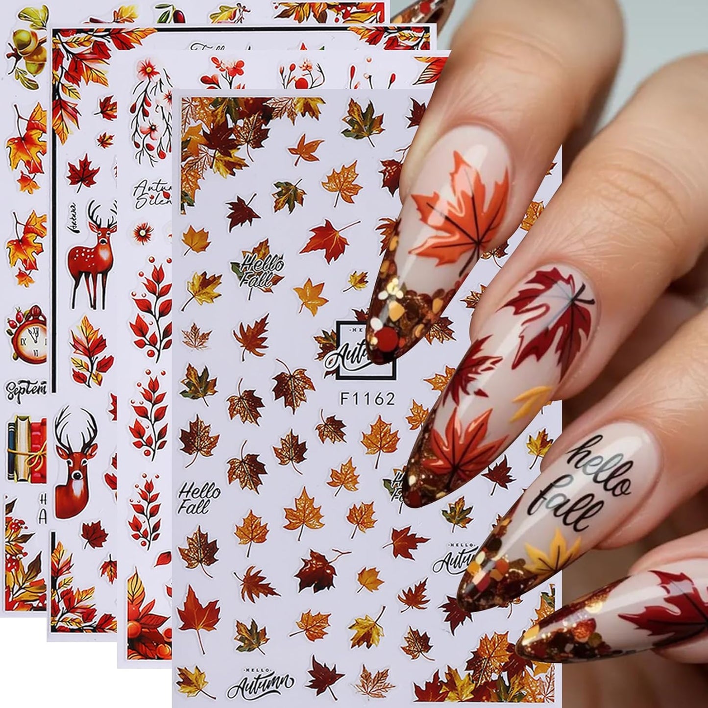 Fall Pumpkin Nail Stickers Decals 10PCS Autumn Maple Leaves Designs for Nails Art Squirrel Mushroom 3D Self-Adhesive Sliders Manicure Fall Nail Art Stickers Supplies for Women DIY Holiday Decoration