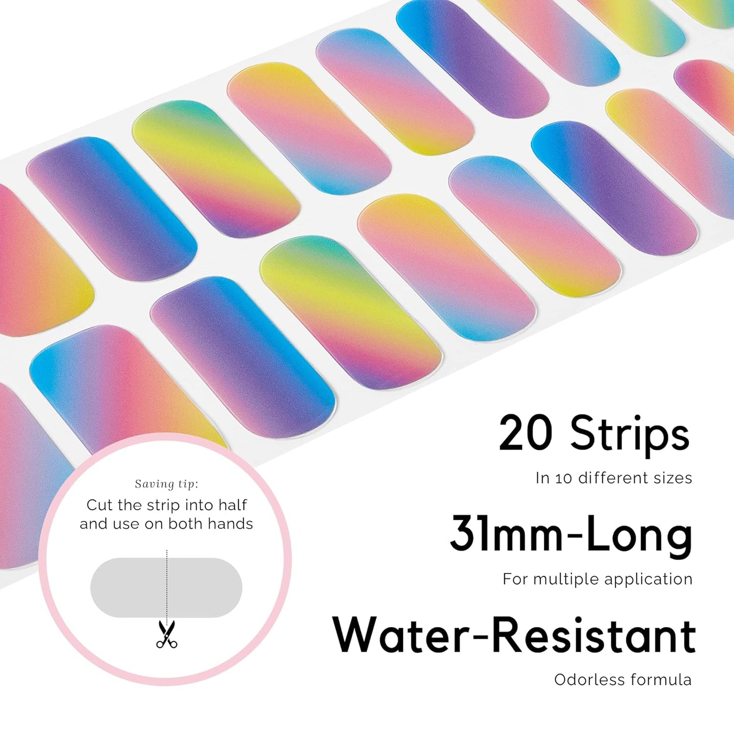 NAILOG Semi Cured Gel Nail Strips for Spring (20 Extra Long Polish Stickers/Wraps) │ Glossy & Long Lasting Soft Gel Finishing (Rainbow)