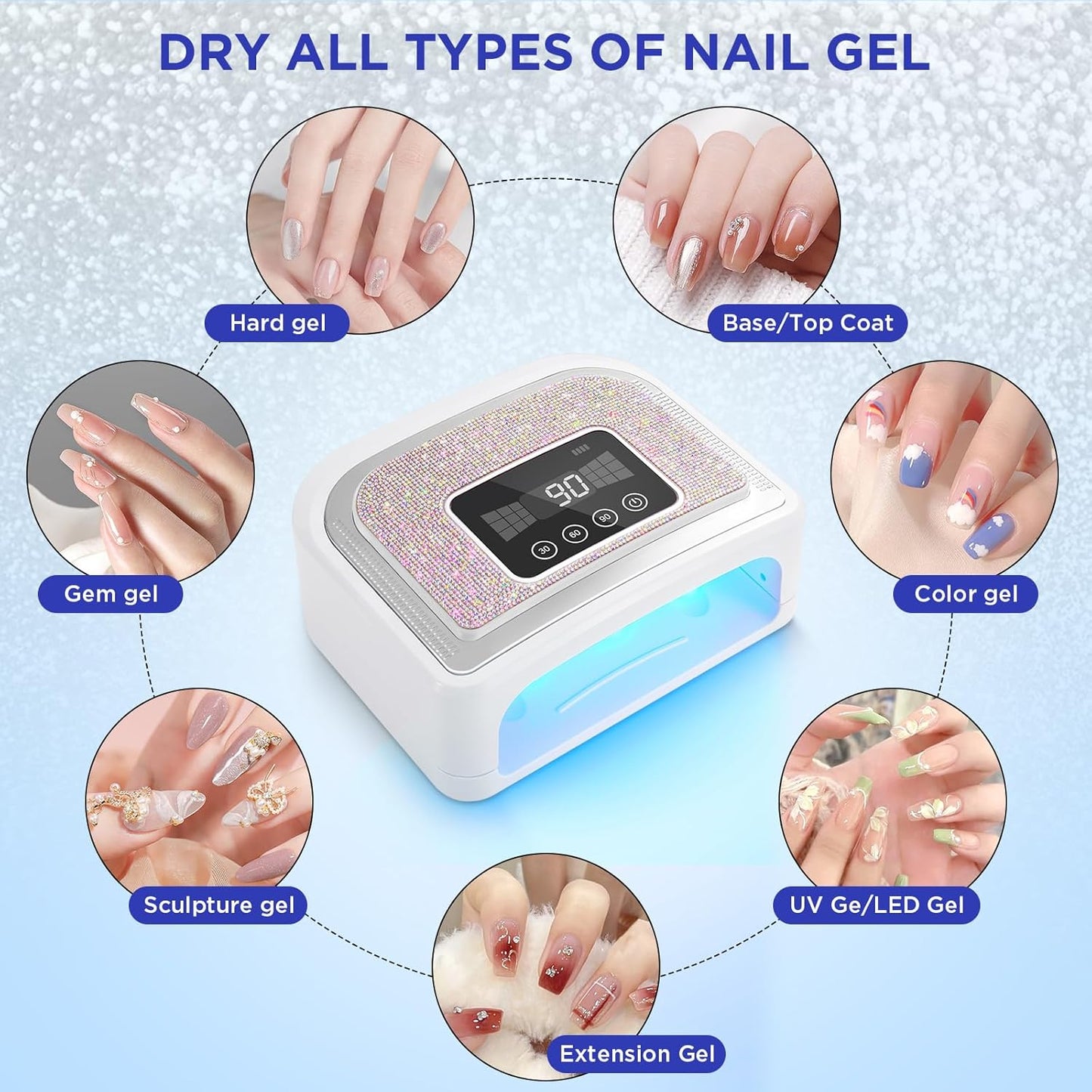 Aedavey Cordless Nail Lamp, Rechargeable UV Nail Lamp for Gel Nails, LED Nail Lamp with 4 Timer Modes, Gel Nail Light Decorate with Sparkling Nail Rhinestones Diamond (Sparkly Diamond and White)