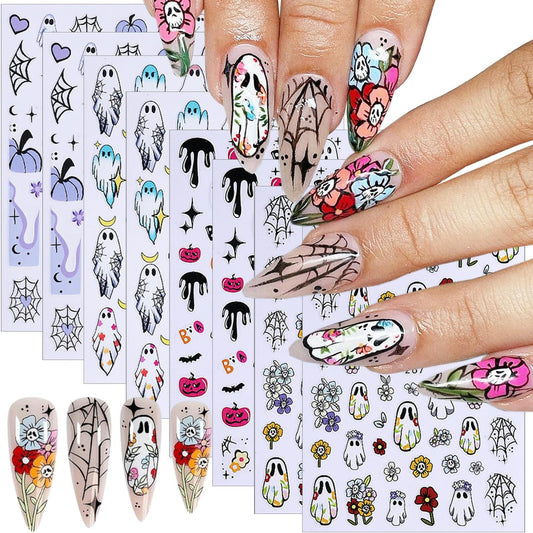 8 Sheets Halloween Nail Art Stickers Decals 3D Self-Adhesive Heart Spider Web Pumpkin Skull Flower Nail Decals Cute Ghost Nails Decorations Gothic Nail Stickers for Women Halloween Manicure Supplies