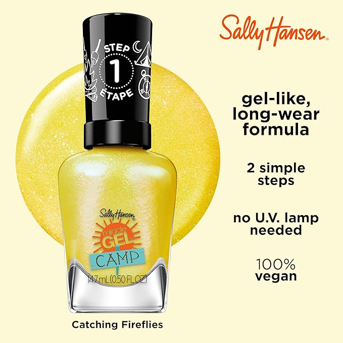 Sally Hansen Miracle Gel Salon Quality Nail Polish | Gel-Like Formula, Two-Step System, No UV Light Needed, Long Lasting | Opaque, Shimmery | 898 Catching Fireflies | Bright Yellow Nail Color