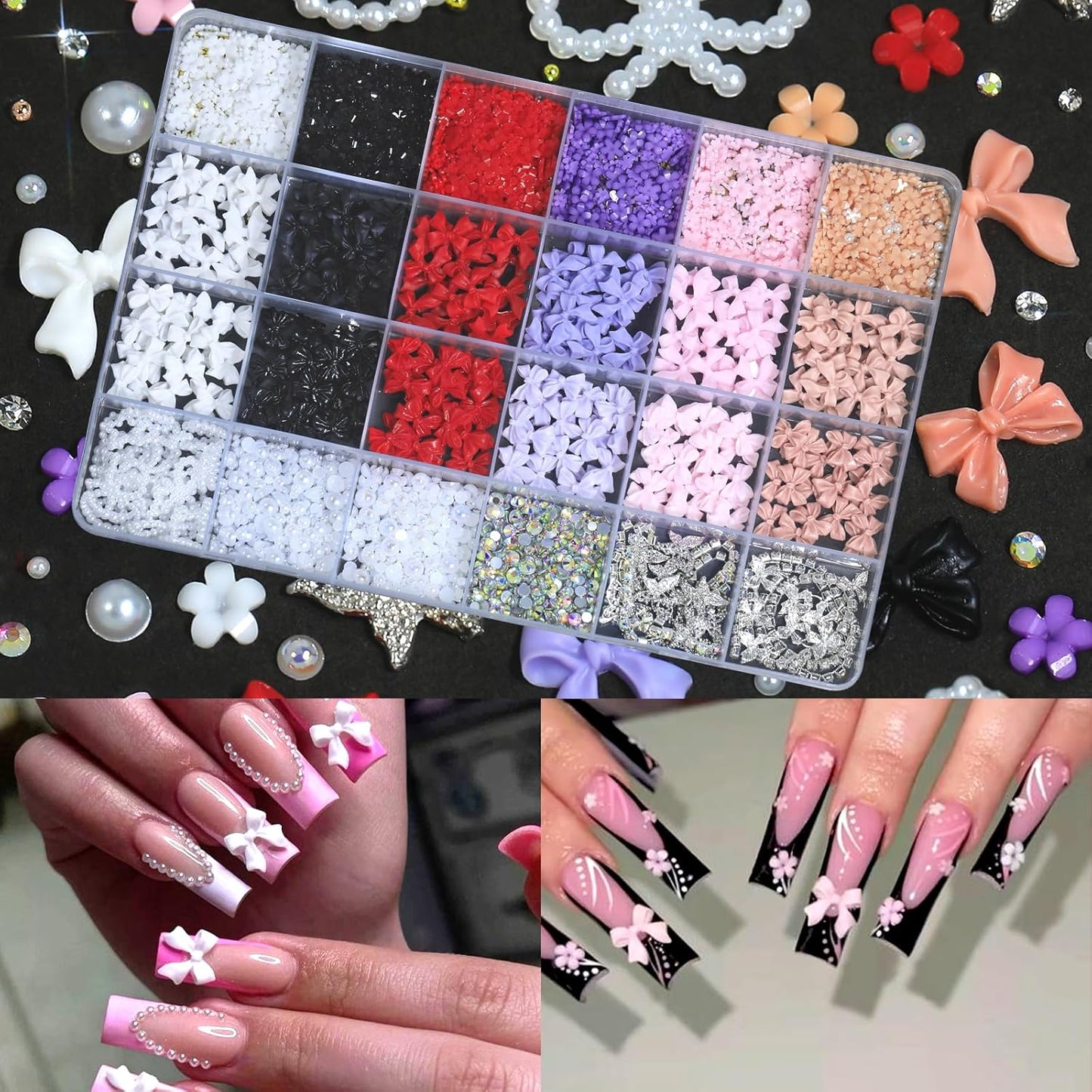 HNUIX Bow Nail Charms - 3D Multiple Colors, Butterfly, Flower, Pearls, Flat Back Rhinestones, with Kit, for Nail Art
