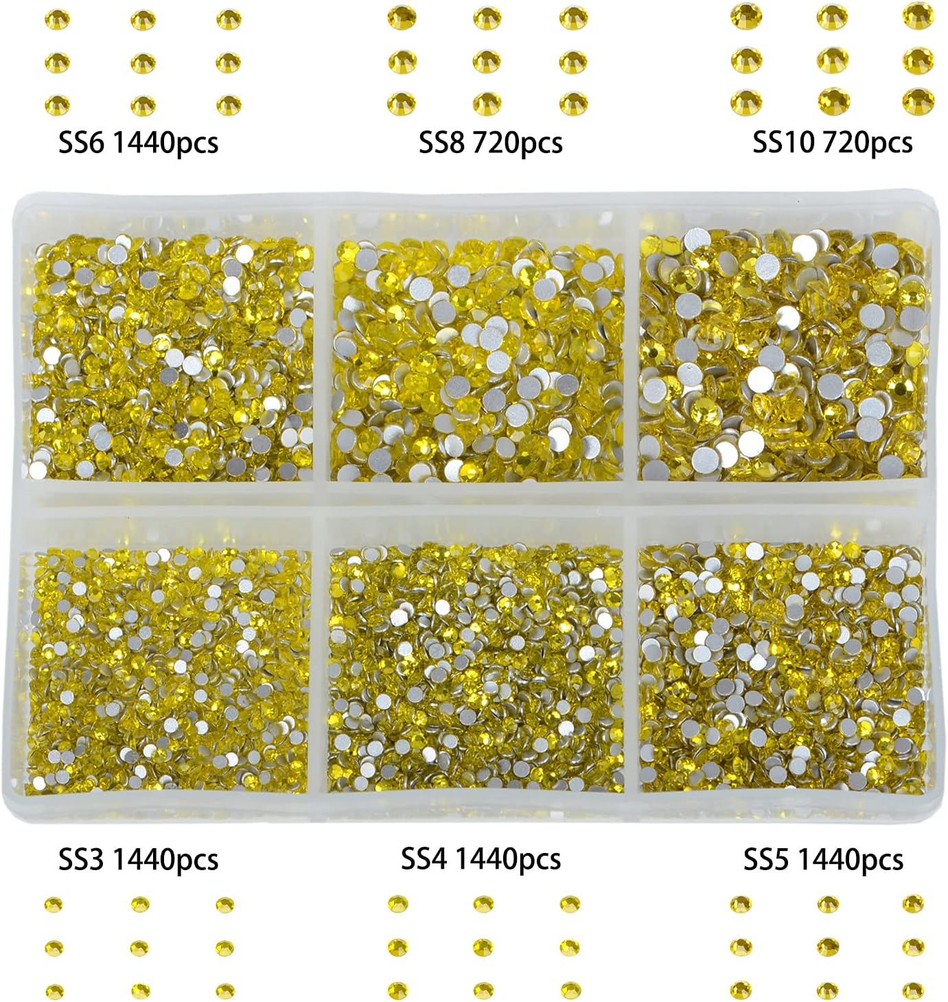 Bymitel 7200 Pieces 6 Mixed Sizes Glue Fix on Glass Rhinestones Round Crystal Gems Flatback for DIY Jewelry Making with one Picking Pen (6-Sizes 7200PCS, Citrine)