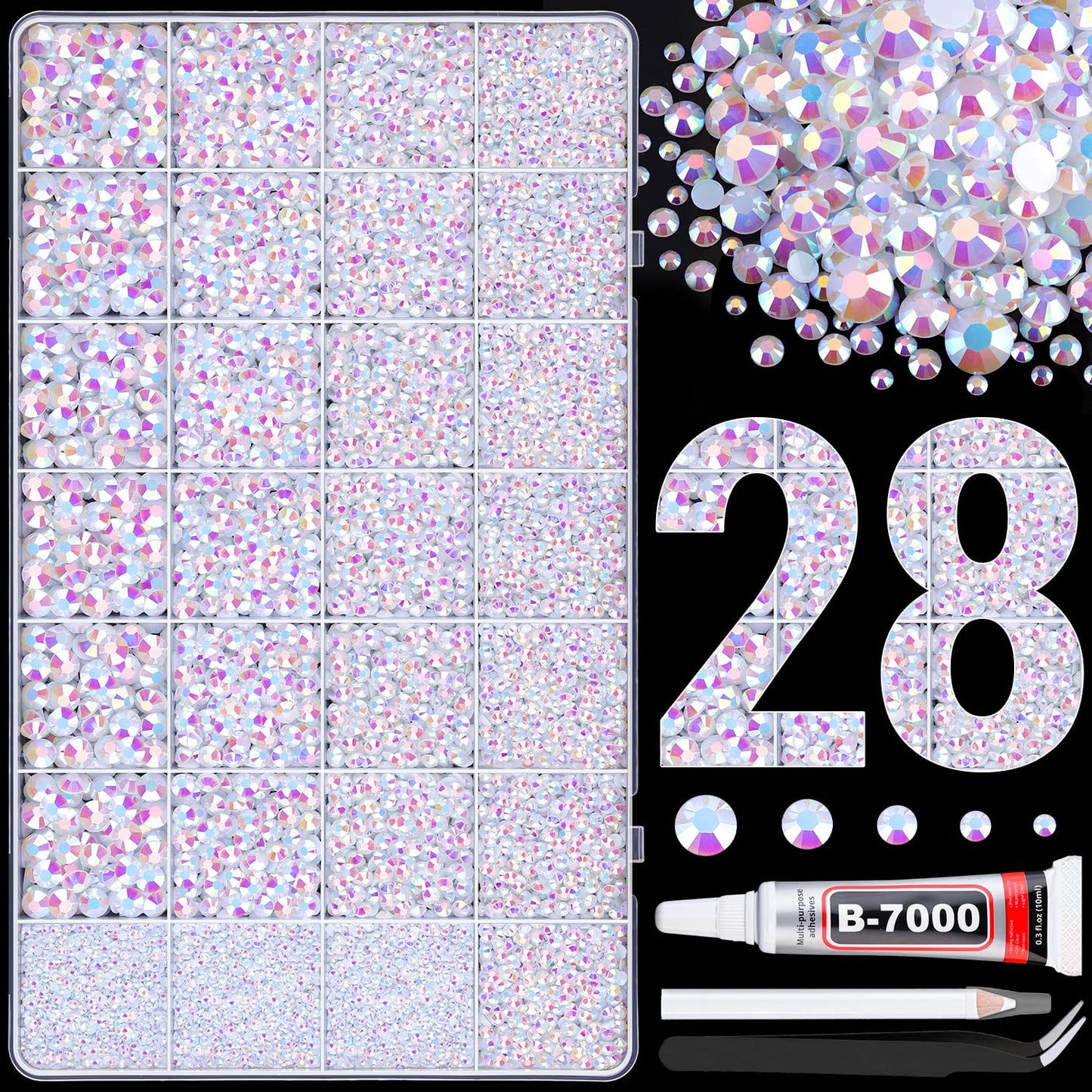 30000Pcs Resin Rhinestones for Bedazzling with B7000 Jewelry Glue, White AB Flatback Gems Rhinestones for Crafting, Clothing Tumblers Mugs Shoes Fabric Decor Nail Art