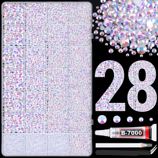 30000Pcs Resin Rhinestones for Bedazzling with B7000 Jewelry Glue, White AB Flatback Gems Rhinestones for Crafting, Clothing Tumblers Mugs Shoes Fabric Decor Nail Art