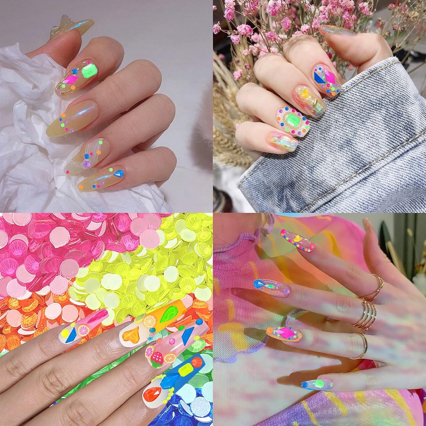 3120Pcs Diamond Nails Rhinestones for Nail Art, HOINCO Colorful Fluorescence Rhinestones for Nails, Multi Shapes Clear AB Flat Back Gemstones for Women Nail Art DIY Craft Jewelry with Tweezers and Pen