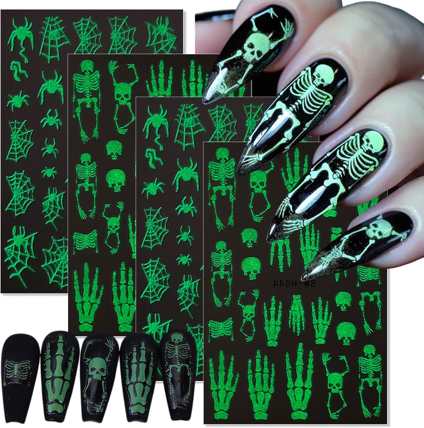 Halloween Nail Art Stickers Decals Horror Skull Spider Web Nail Decals Glow in The Dark Halloween 3D Self-Adhesive Nail Stickers for Nail Art DIY Manicure Tip Holidays Nails Decoration 4 Sheets