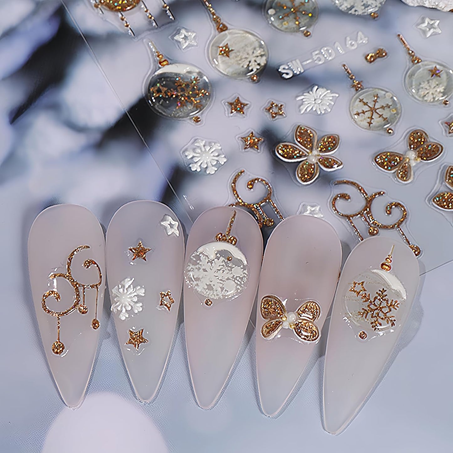 3 Sheets Christmas Nail Art Stickers 5D Embossed Christmas Snowflake Elk Self-Adhesive Gold Glitter Bowknot Nail Design Cute Bear Bell Snowman Women Nail Decoration