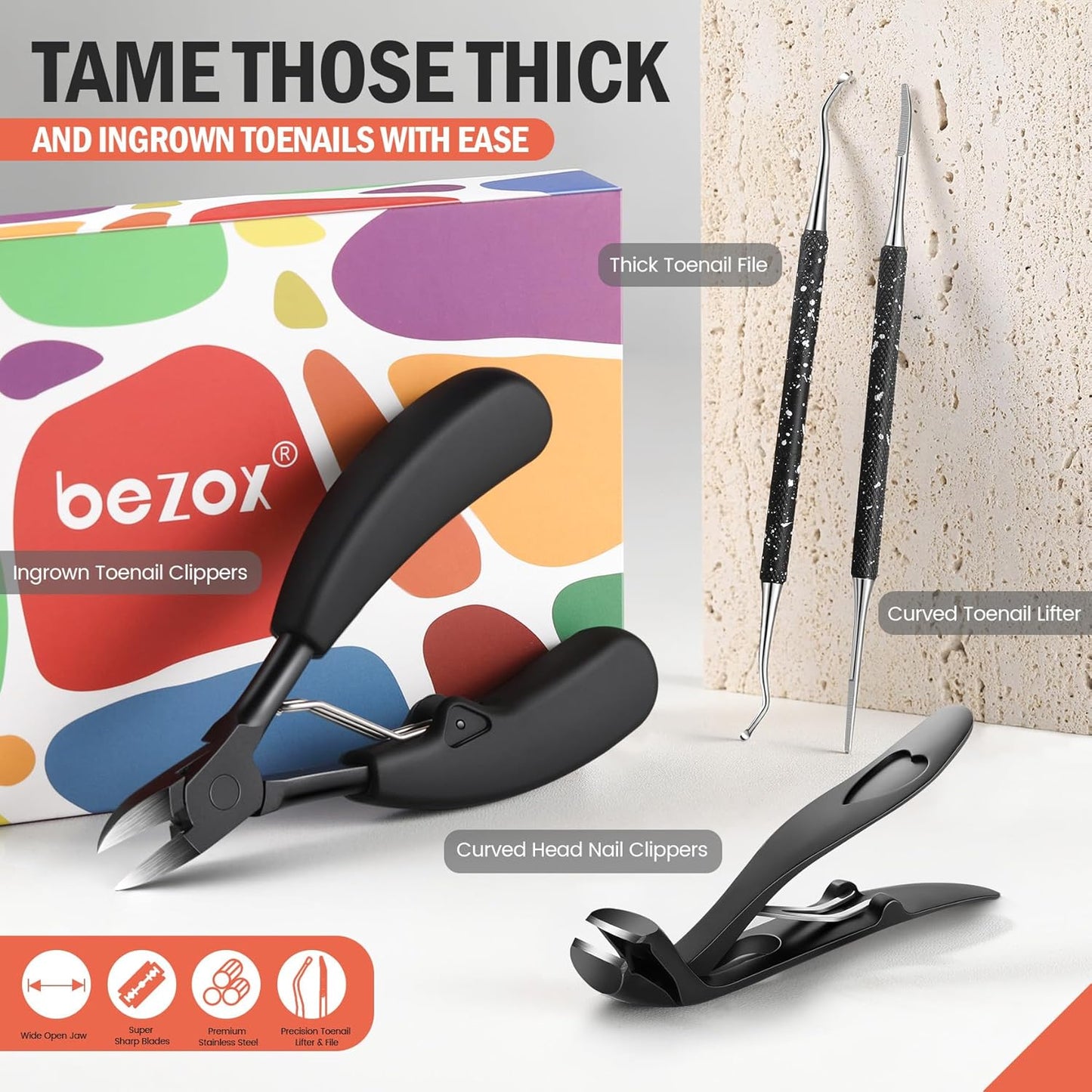 BEZOX Toenail Clippers Kit for Seniors – The Ultimate Solution for Thick & Ingrown Toenails with Curved Head Toe Nails Clippers, Long Handle Toenails Clippers Thick Nails, Nail File & Toenail Lifter