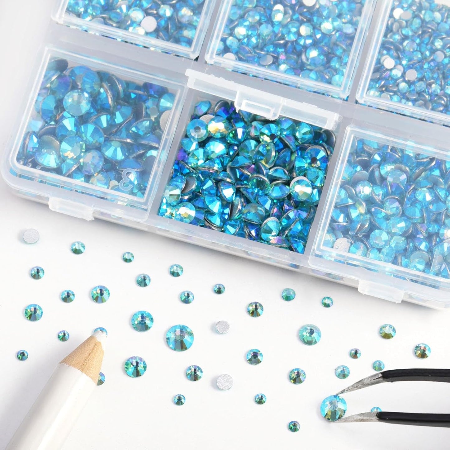 Beadsland 4300pcs Flatback Rhinestones,Blue Rhinestone Nail Gems Round Crystal Rhinestones for Crafts,Mixed 6 Sizes with Picking Tweezers and Wax Pencil Kit, SS6-SS20,Aquamarine AB