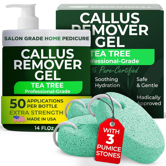 14 Oz Callus Remover Gel+ 3 Free Pumice Stones| Callus Remover For Feet | Tea Tree Professional Grade Foot Exfoliant for Cracked Heels & Dry Feet | Instant Results & Soothing Hydration