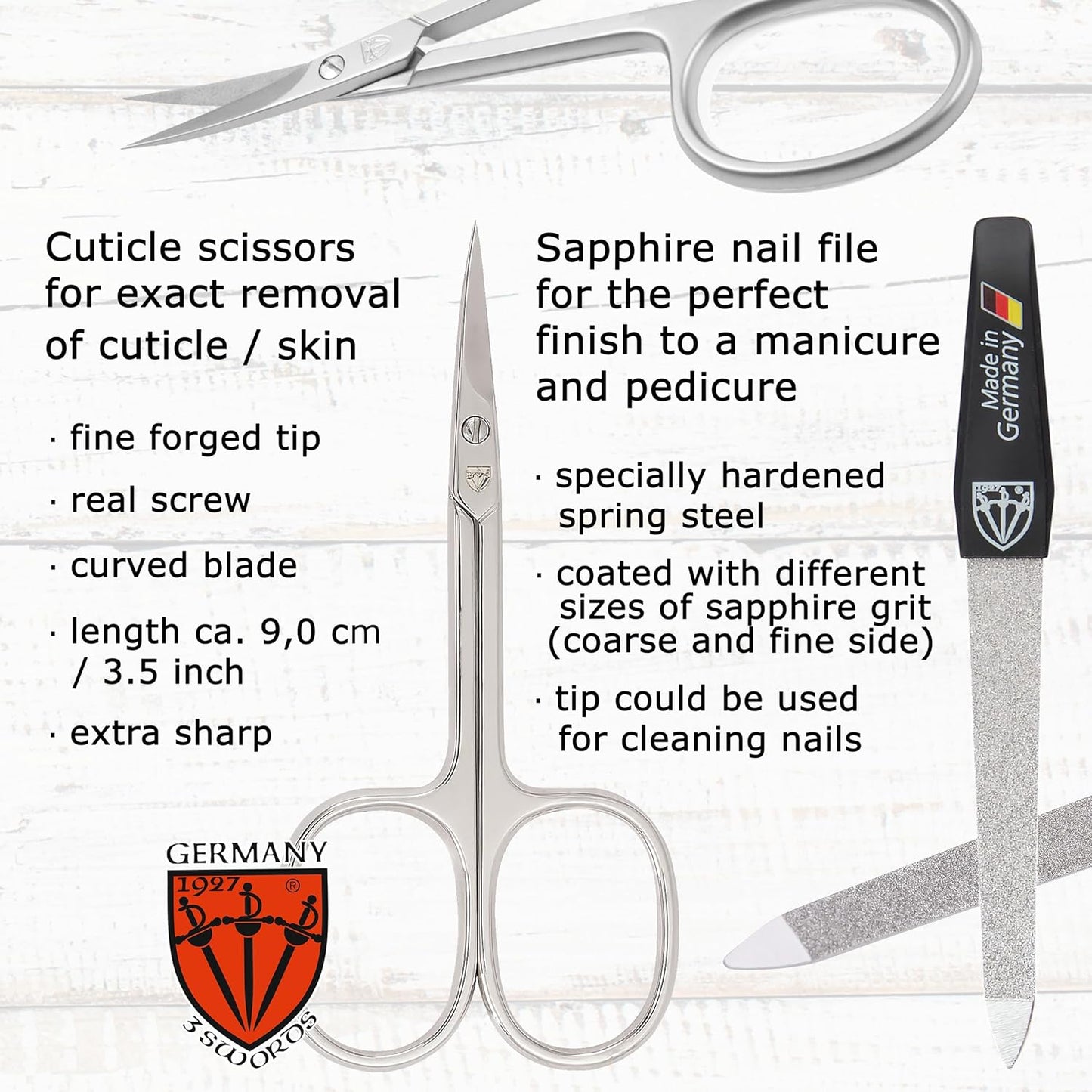 3 Swords Germany - Brand Quality 6 Piece Manicure Pedicure Grooming kit Set - Scissors, Metal and Glass Nail File, Clipper, Tweezers with Synthetic Leather case - Ostrich