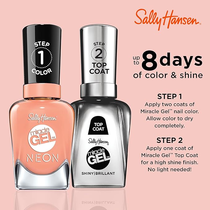 Sally Hansen Miracle Gel Neons Salon Quality Nail Polish | Gel-Like Formula, Two-Step System, No UV Light Needed, Long Lasting | Opaque | 51 Peach Please| Neon Peach Nail Color