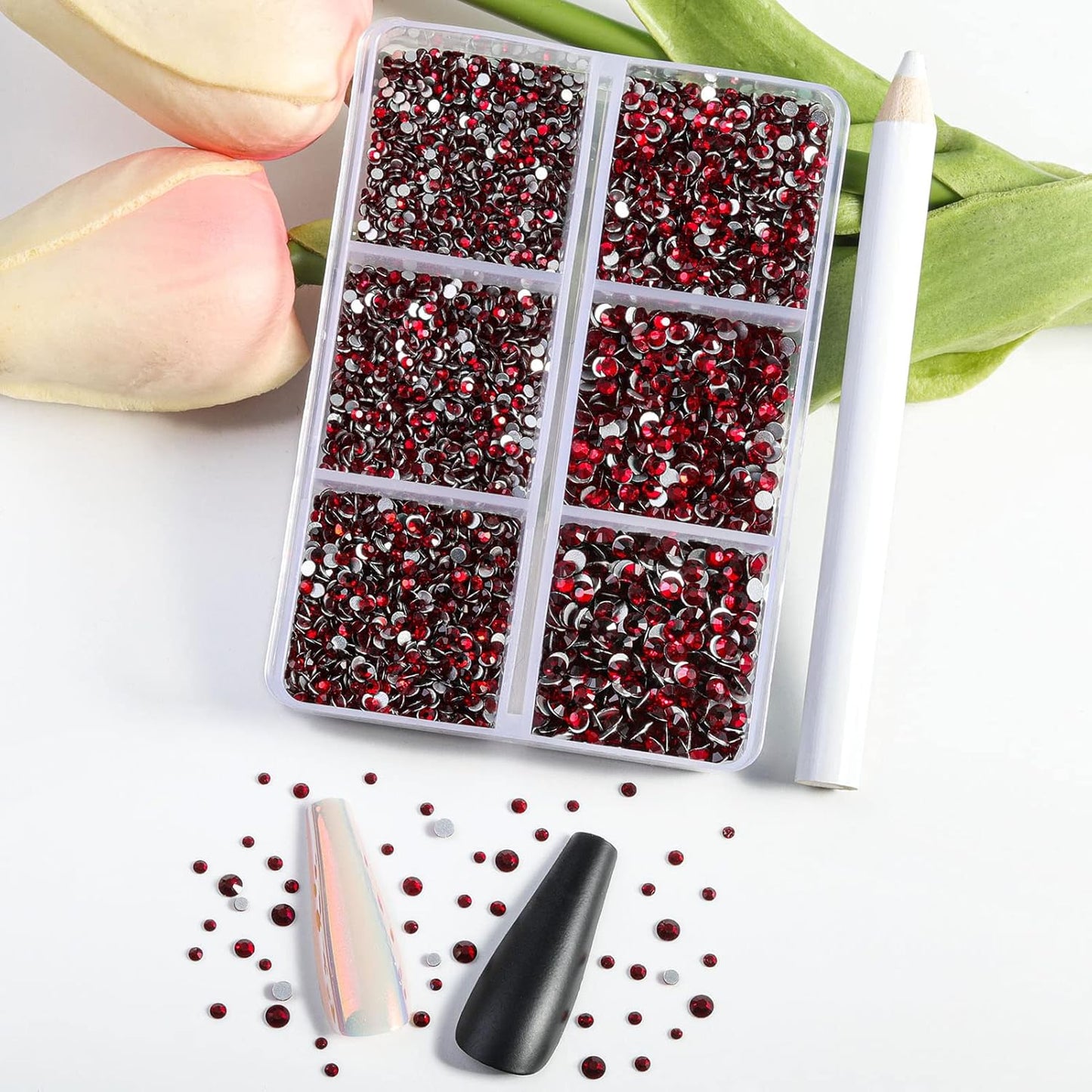 Beadsland 7200pcs Flatback Rhinestones,Dark Red Rhinestone Nail Gems Round Crystal Rhinestones for Crafts,Mixed 6 Sizes with Wax Pencil Kit, SS3-SS10,Dark Siam