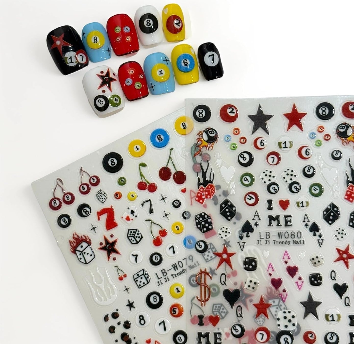 3D Nail Stickers for Pool & Dice Design - Cartoon Style Press-on Nail Art Decals (2 Sheets) - Cute Textured Manicure DIY Accessories