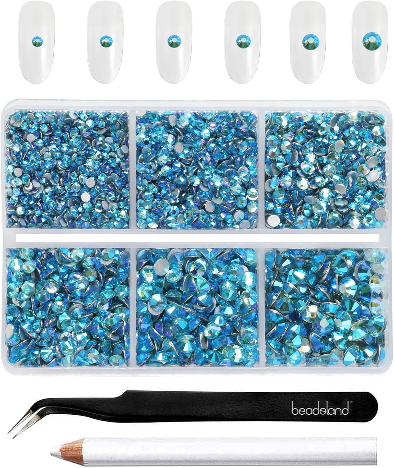 Beadsland 4300pcs Flatback Rhinestones,Blue Rhinestone Nail Gems Round Crystal Rhinestones for Crafts,Mixed 6 Sizes with Picking Tweezers and Wax Pencil Kit, SS6-SS20,Aquamarine AB