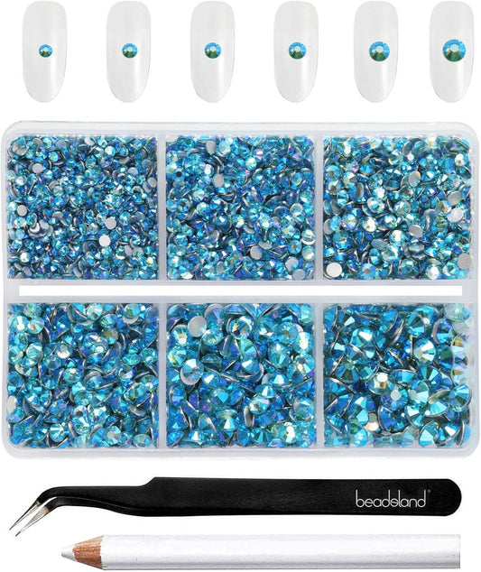 Beadsland 4300pcs Flatback Rhinestones,Blue Rhinestone Nail Gems Round Crystal Rhinestones for Crafts,Mixed 6 Sizes with Picking Tweezers and Wax Pencil Kit, SS6-SS20,Aquamarine AB