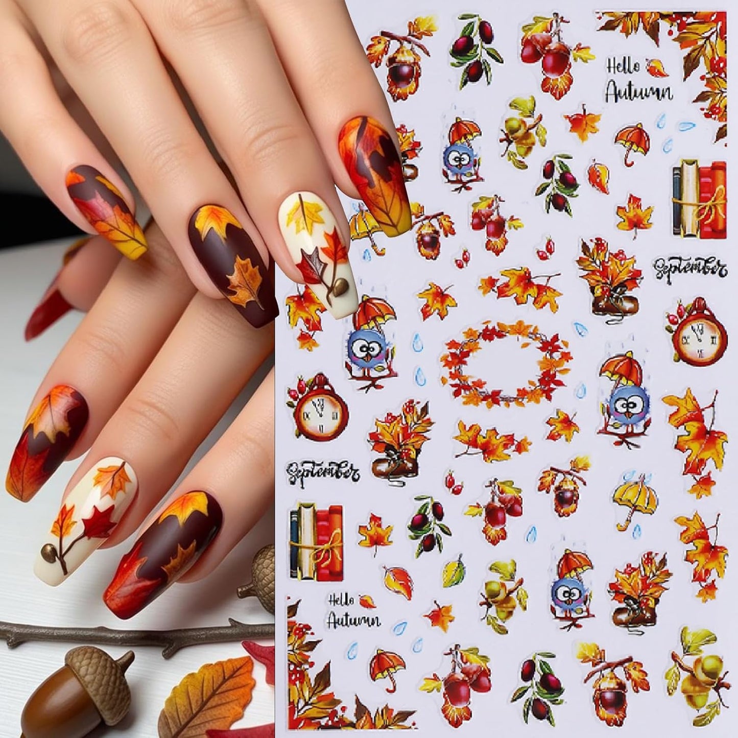 Fall Maple Leaf Nail Art Stickers Autumn Leaves Mushroom Deer Design Self-Adhesive Nail Sticker Fox Pumpkin Wheat Ears Nail Decals for Nails Women Girls Thanksgiving Day DIY Manicure Decor 6 Sheets