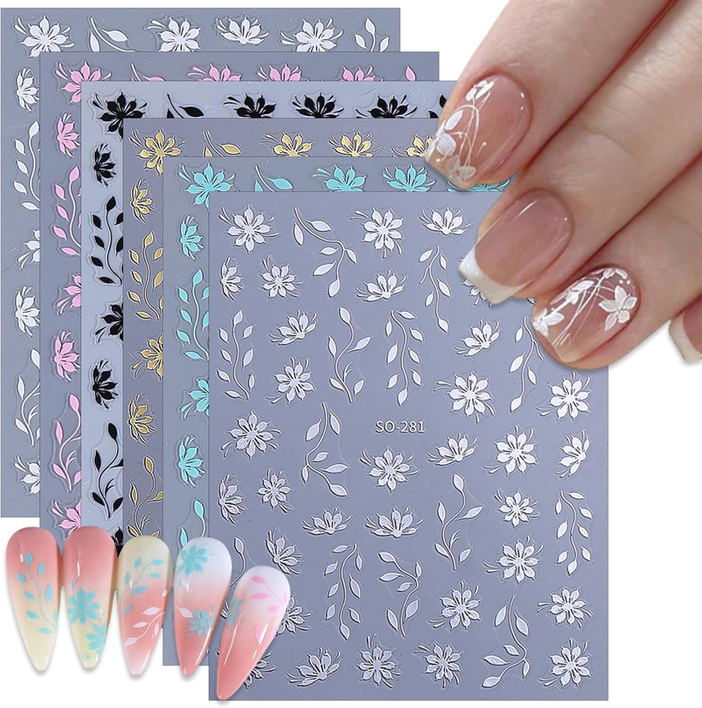 6 Sheets Floral Nail Art Stickers, Spring Leaf Nail Decals, 3D Self-Adhesive Nail Decoration Supplies for Daily Festival DIY Pink White Silver Black Gold Manicure Stickers