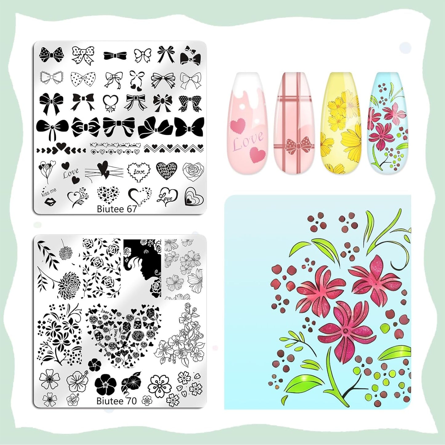 Biutee Nail Stamping Plates Set 16PCS Nail Stamper Kit with Nail Stamper, Scraper & Storage Bag Nail Art Stamping Plates Halloween Christmas Butterfly Star Flower Leaf Bowknot Design Nail Stamping Kit