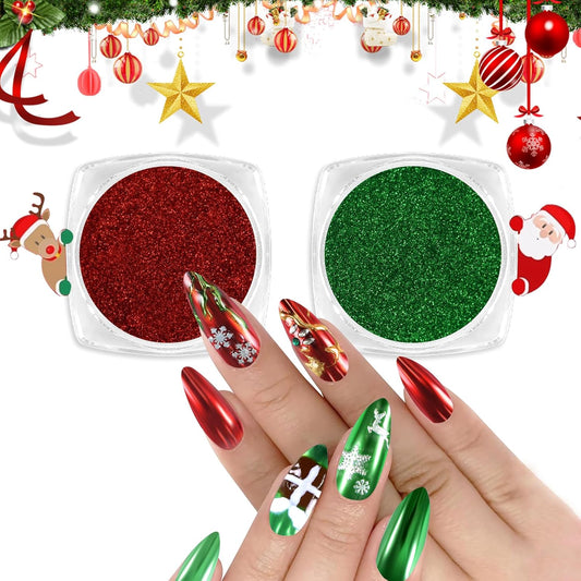 Allstarry Chrome Nail Powder - 2 Colors Red & Green Metallic Effect Mirror Glitter Powder Pigment Sparkling Holographic Manicure Magic Glitter Dust Kit for Christmas Nail Decoration
