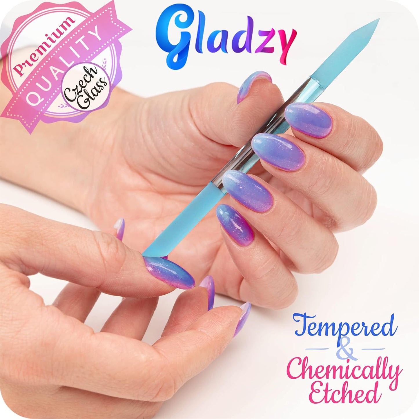 GLADZY Glass Cuticle Pusher Tool - 2 pcs Dual Ended Manicure Stick, Etched Crystal Glass Cuticle Remover, Callous and Dry Skin Fingertip File, Nail Shaper, Professional Nail Care, Ethically Made in EU