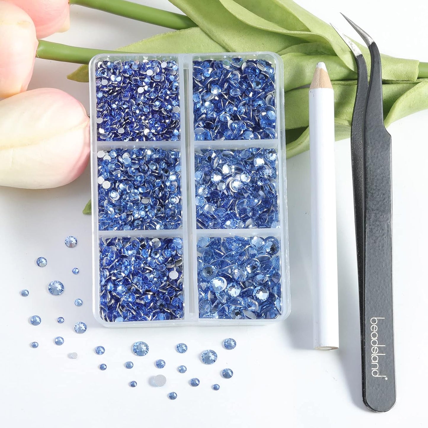 Beadsland 4300pcs Flatback Rhinestones,Light Blue Rhinestone Nail Gems Round Crystal Rhinestones for Crafts,Mixed 6 Sizes with Picking Tweezers and Wax Pencil Kit, SS6-SS20,Light Sapphire