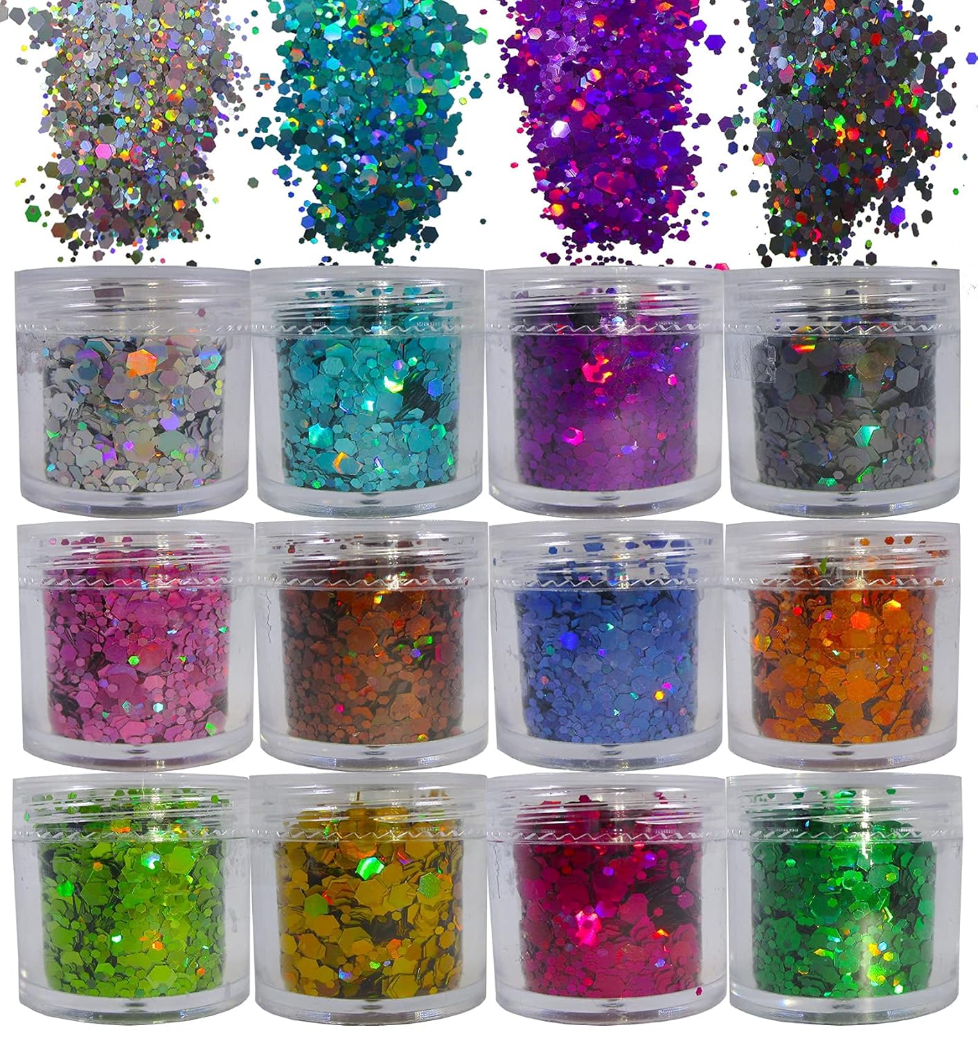 12 Colors Holographic Chunky Glitter Flakes Hexagon Shapes Glitter Sequins Nail Stickers Sparkles Resin Epoxy Accessories for Crafts Nail Art Body Makeup