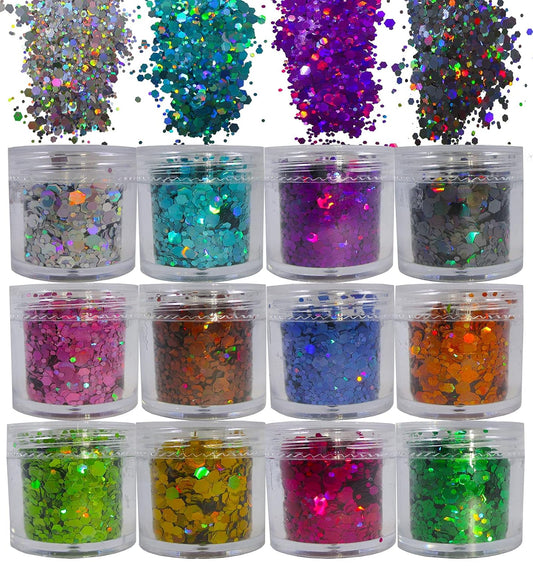 12 Colors Holographic Chunky Glitter Flakes Hexagon Shapes Glitter Sequins Nail Stickers Sparkles Resin Epoxy Accessories for Crafts Nail Art Body Makeup