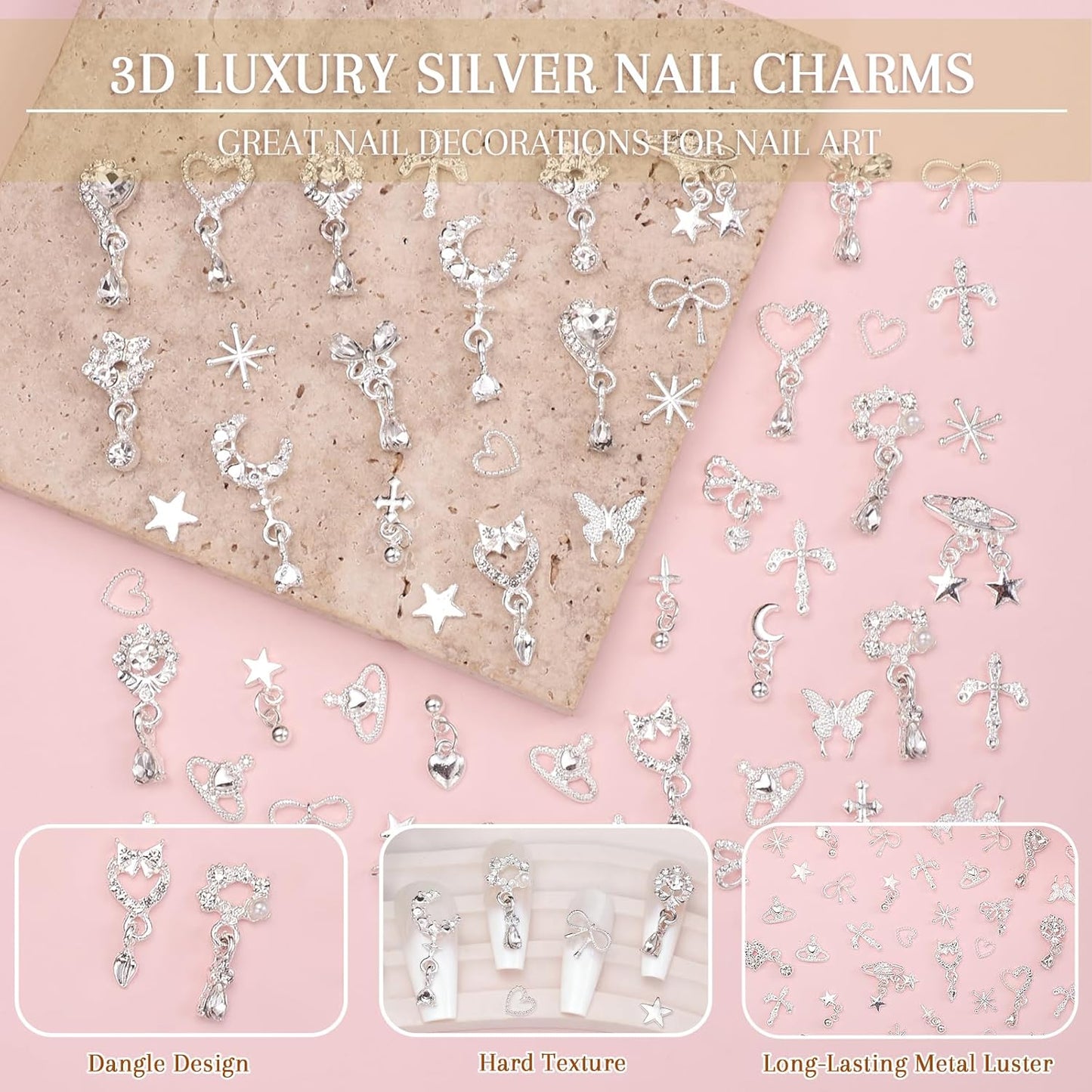 100Pcs Dangle Silver Nail Charms and Gems, Cross Star Heart Crown Planet Bows Butterfly Nail Gems Charms Silver Nails Art Supplies for Women DIY Accessories