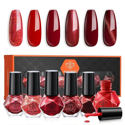 modelones Nail Polish Set, 6 Colors 2025 Classic Apple Red Cat Eye Glitter Mini Quick Dry Nail Lacquer Kit, Ruby Cherry Red Magnetic Sparkle DIY Nail Art Manicure Gift for Women Girls